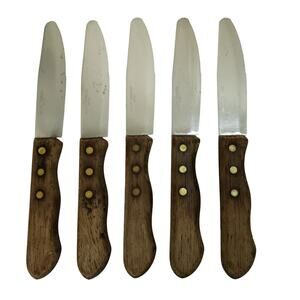 Set of 5 Walco Stainless Serrated Steak Knives Meat Dinner BBQ Wood Handles